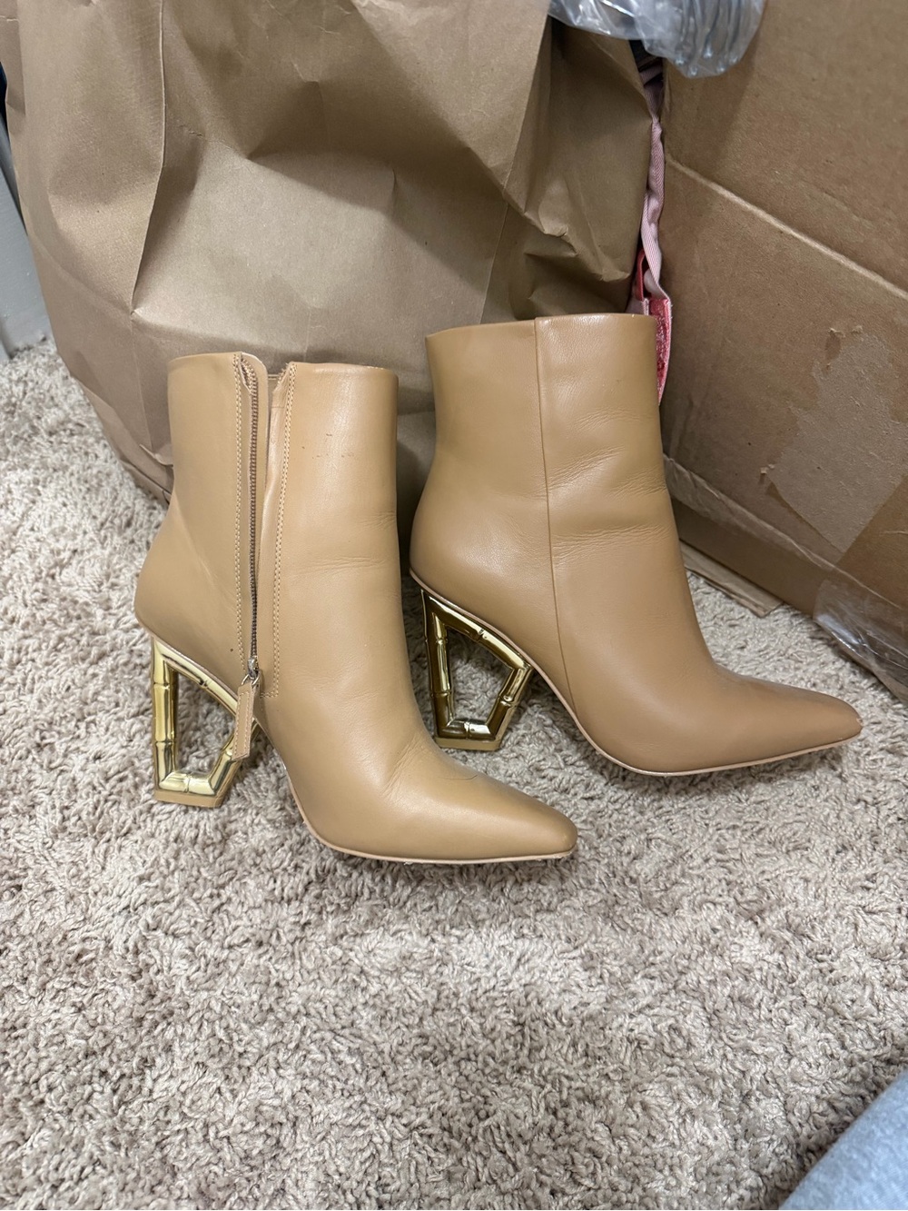 cult gaia Tan Leather Pointed Ankle Boots with Gold Geometric Heel
